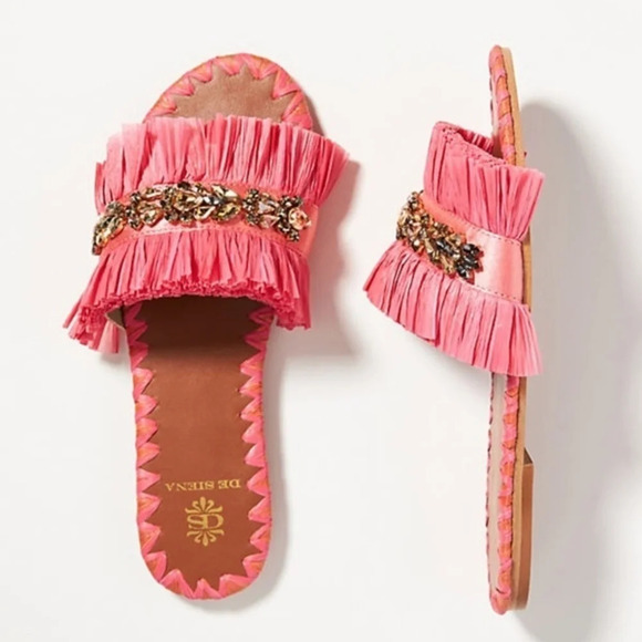 Anthropologie Pink De Siena Embellished Raffia Slide Sandals EU 36 - Picture 2 of 2